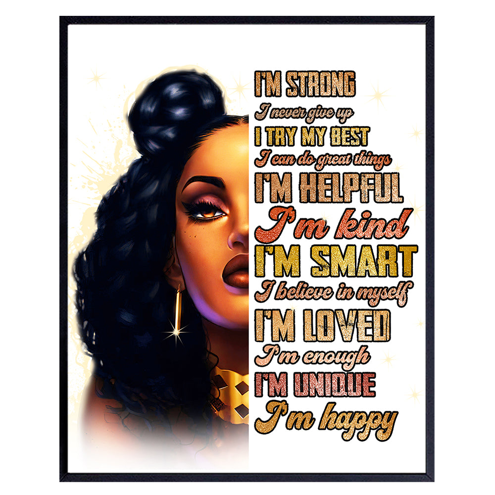 Black women Motivational poster - African Americans Wall Art &amp; Decor - Inspiration Motivation Positive Quotes - Encouragement Gift - I Am Positive Affirmations - Afro Girls Bedroom - Black Girl Magic