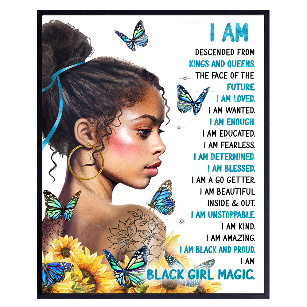 African American Girl Wall Art &amp; Decor - Blue Inspirational Wall Decor Positive Affirmations - Black Girl Magic Motivational poster - Women Teens Bedroom - Black Wall Art - Positive Quotes UNFRAMED
