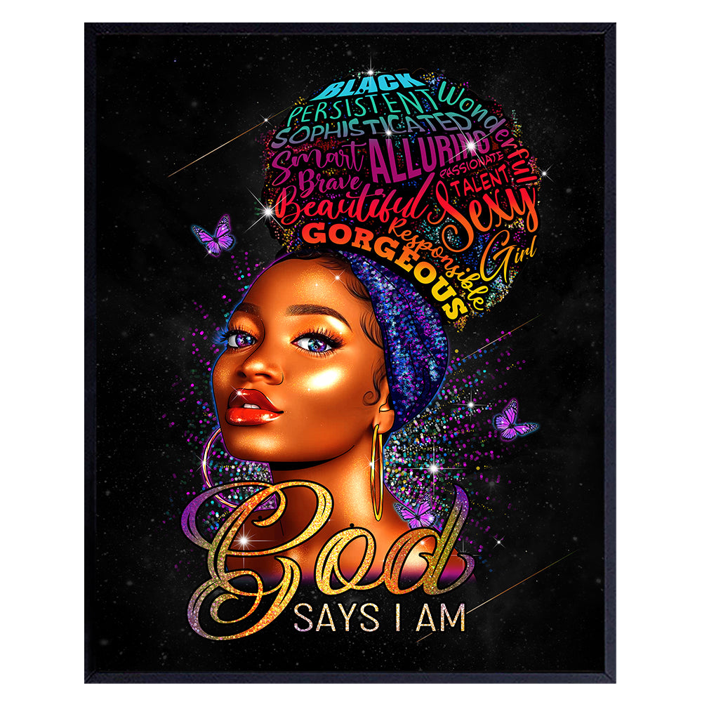 Religious Black Wall Art &amp; Decor - Encouragement Christian Gifts for African American Women - God Says You Are - Motivational Inspirational Positive Quotes Home Decor Poster - Girls Room, Teen Bedroom