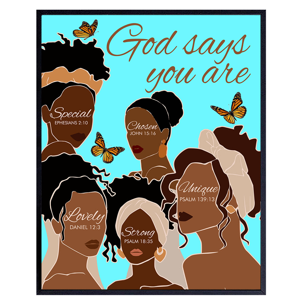 Black African American Women Wall Art &amp; Decor - African American Girls - God Says You Are - Inspirational Christian Wall Decor- Spiritual Religious Gifts - Positive Quotes Bible Verses - Afro Wall Art