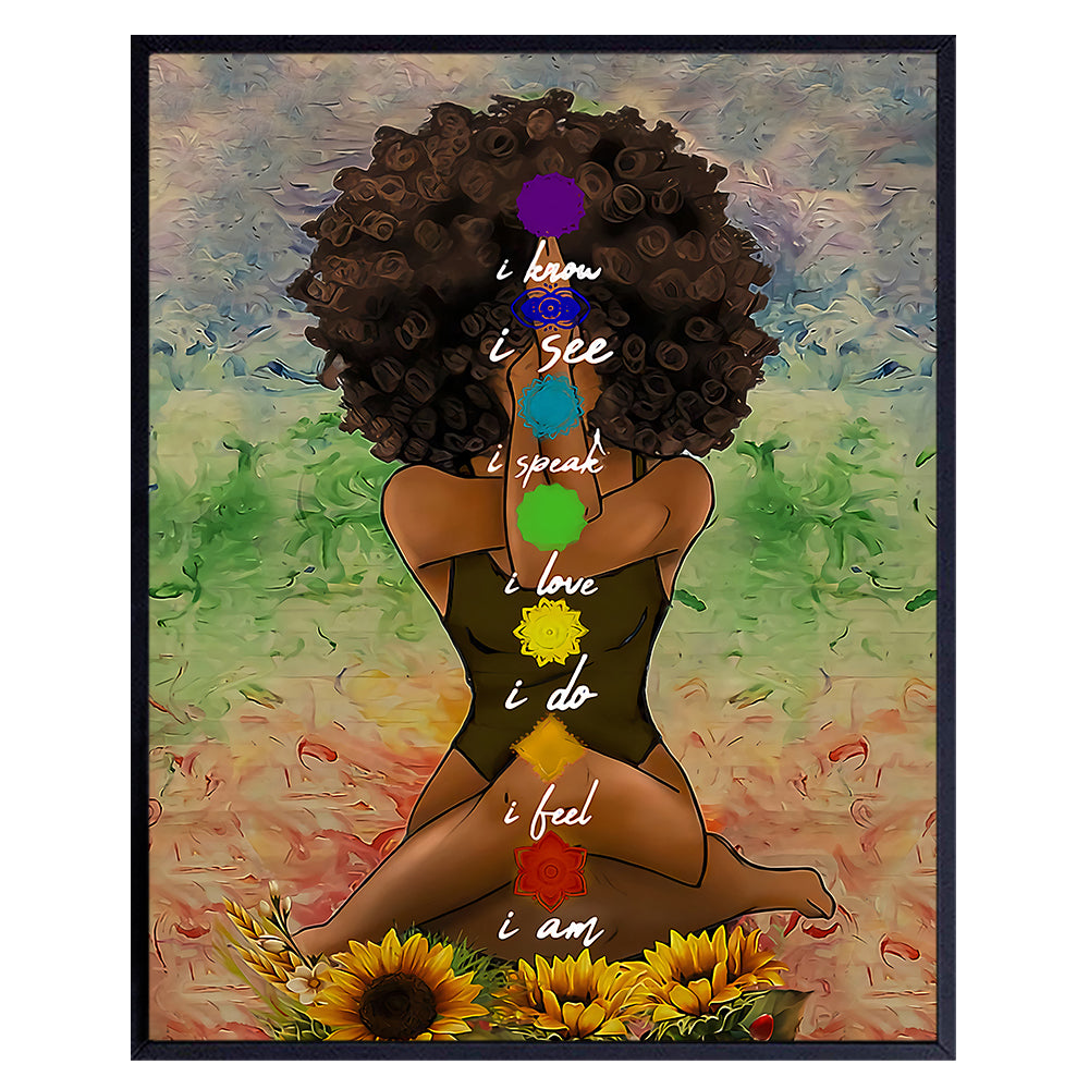 Black Art for African American Women - Boho Positive Affirmations Zen Meditation Decor - Inspirational Afro Yoga Wall Art - New Age Hippie Chakra Room Decor - Personal Growth Uplifting Spiritual Gifts