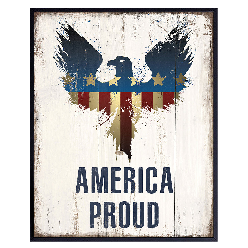 Eagle American Flag - Patriotic America Wall Art Decor - Rustic USA Room Decoration or Gift for Conservatives, Republicans, Men - Sign Picture Plaque Replica for Office, Home, Den, Man Cave - Unframed