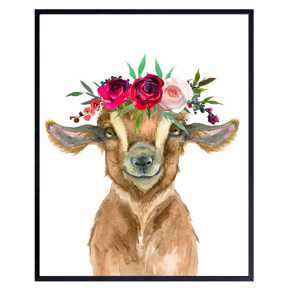 Cute Baby Goat w/Flower Crown Wall Art Home Decor - Decoration for Girls or Boys Bedroom, Nursery, Kids Room, Playroom, Preschool, Daycare - Farmhouse, Farm Theme Gift - Baby Animals Picture Print