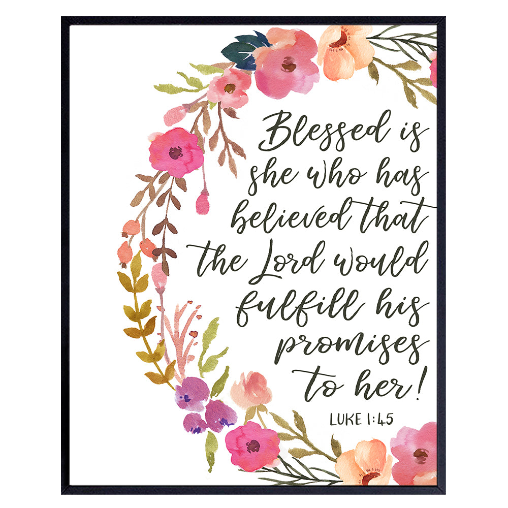 Blessed is She - Positive Quotes Inspirational Bible Verse Religious Wall Art - Christian Gift for Women, Teens, Girls - Blessed Scripture Wall Decor for Bedroom, Living Room, Bathroom - 8x10 Poster