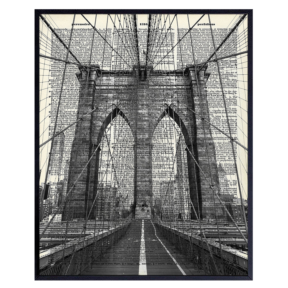 Brooklyn Bridge Poster, Dictionary Wall Art - Upcycled 8x10 Vintage Retro New York City Home Decoration - Chic Office or Apartment Decor - Unique Gift for New Yorkers, NYC, NY, Manhattan Fans