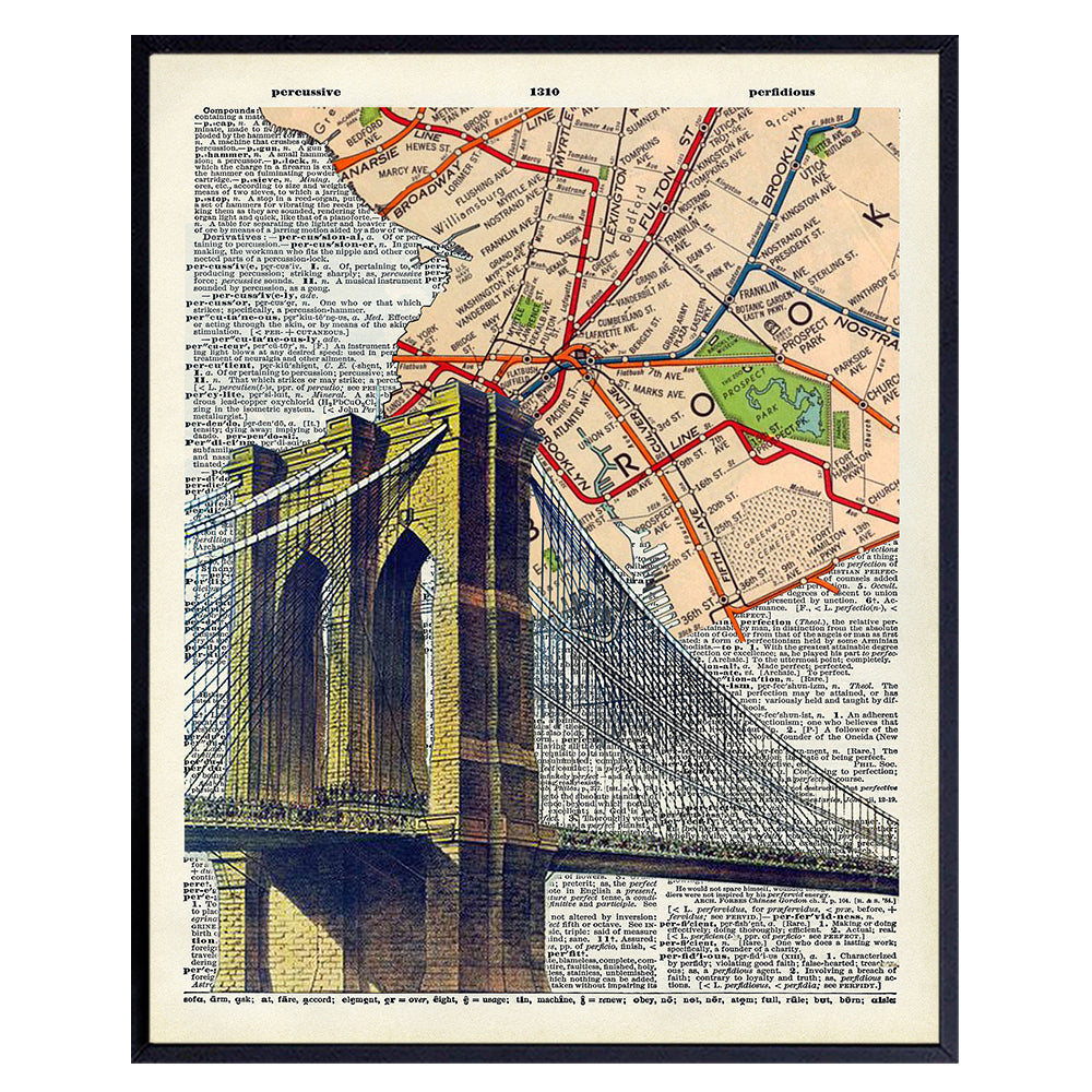 Brooklyn Bridge Subway Dictionary Art, Home Decor - Upcycled Vintage Wall Art Print, Poster- Pop Art Room Decorations or Gift for New Yorker, New York City, NY, NYC, Manhattan Fan, 8x10 Photo Unframed