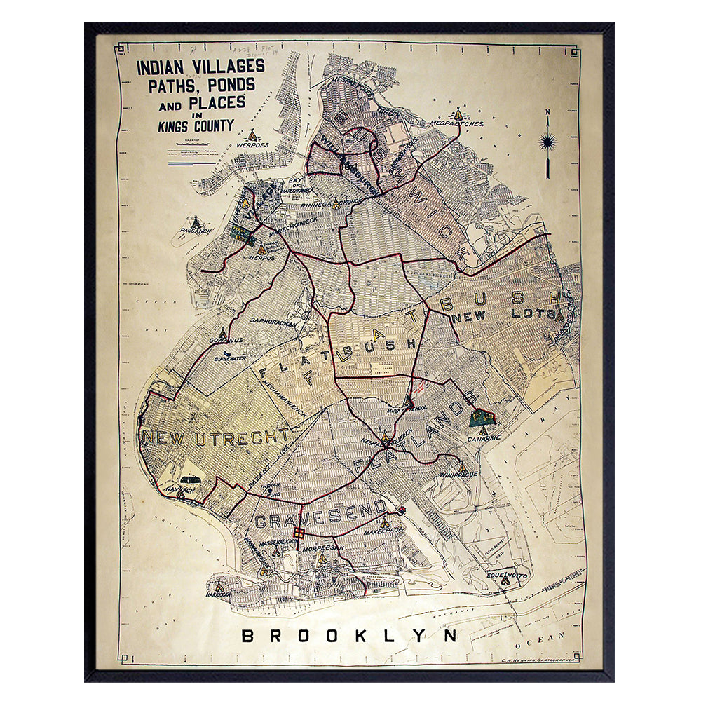 Brooklyn Map Poster Print - 8x10 NY Vintage Style Wall Decor, Home Decoration for Apartment, Office, Living Room, Bedroom - Unique Gift for New York, Manhattan or NYC Fan