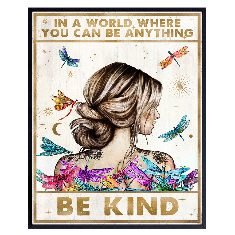 Be Kind Wall Decor for Women - positive Affirmations Dragonfly Inspirational Wall Art - Boho-chic Motivational poster for Woman, Girl - Women&