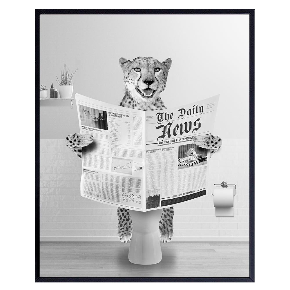 Cheetah Bathroom Wall Art Poster - Cute Cat Funny Bathroom Decor for Women Kids Girls Boys - Cheetah Print, Leopard Bathroom Decorations - funny Cat Mom Restroom Wall Decor - Yellowbird Art &amp; Design