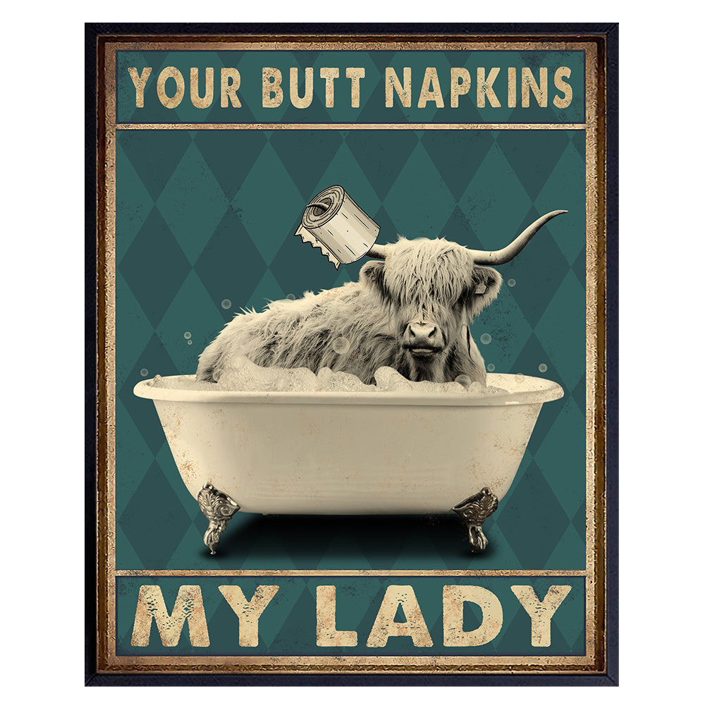 Cow Bathroom Wall Art &amp; Decor - Butt Napkins My Lady - Highland Cow Bathroom Wall Art - Farmhouse Bathroom Decorations - Funny Guest Bathroom Pictures - Bath Wall Decor - Cute Accessories