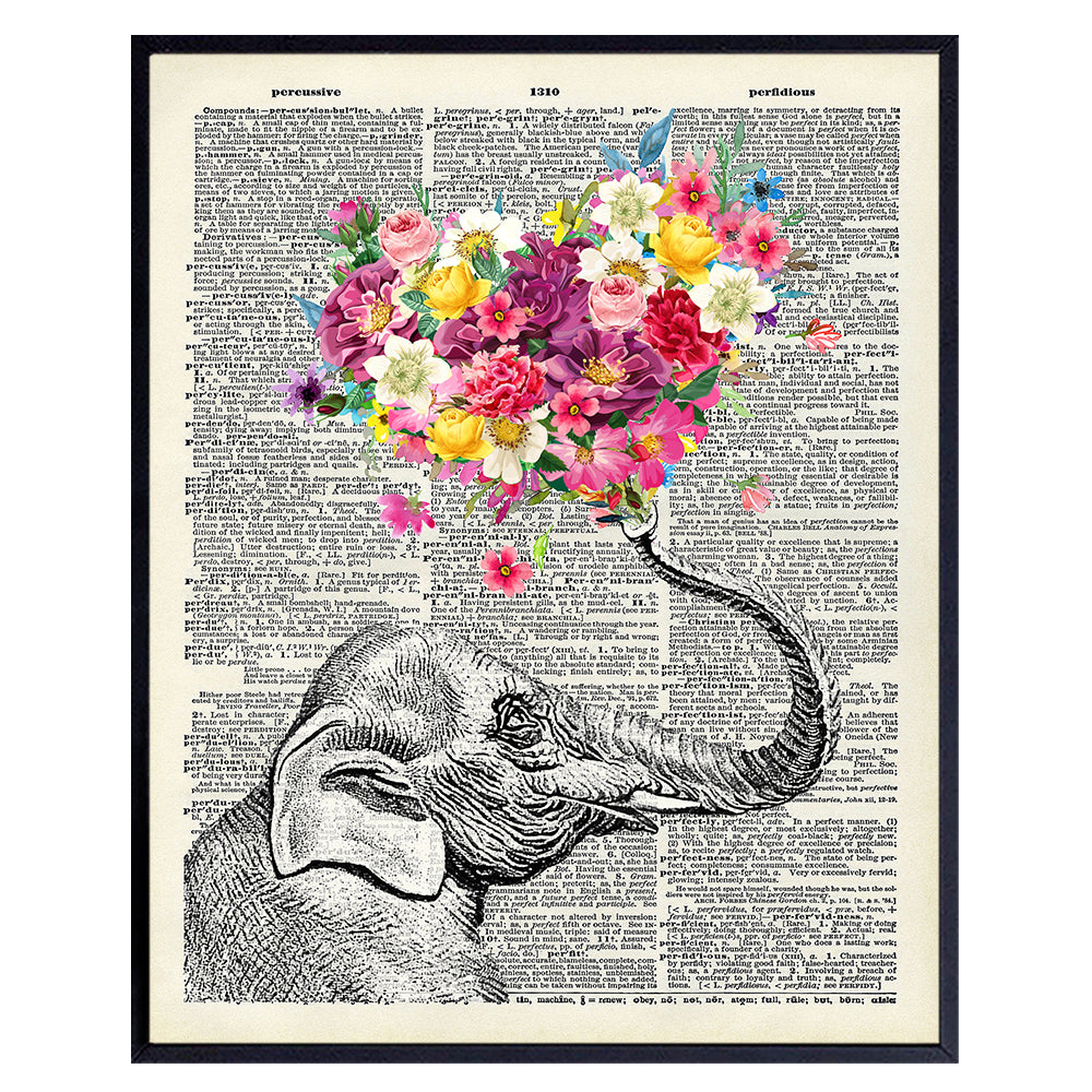 Elephant Dictionary Art Print - 8x10 Sweet Shabby Chic Poster for Home, Wall, Room Decor, Decoration, Bedroom, Bathroom - Cool, Unique Romantic Gift for Girlfriend, Wife - Unframed Picture Photo