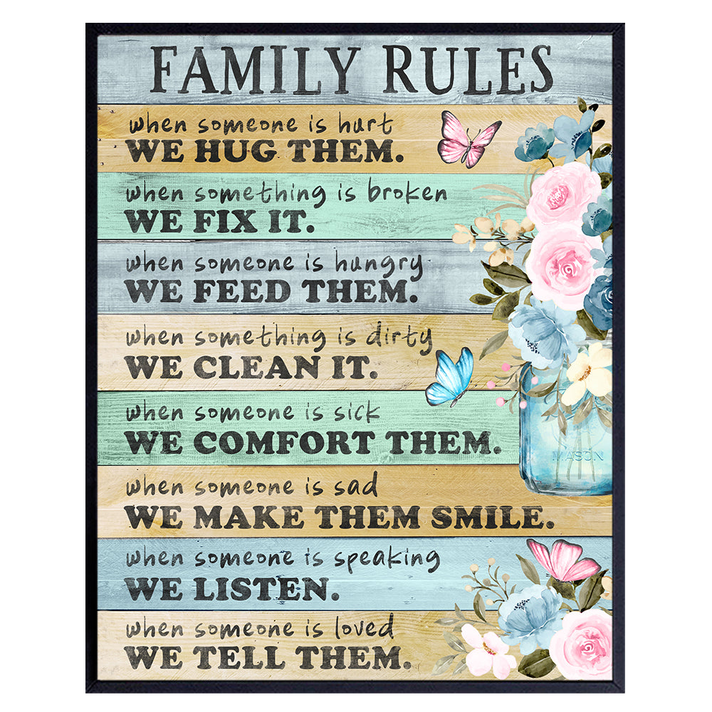 Family Wall Decor - Family Wall Art - Positive Quotes Wall Decor - Inspirational Wall Art for Women - Family Rules - Blue Butterfly Wall Decor - Rustic Shabby Chic Living Room Decor - 8X10 UNFRAMED