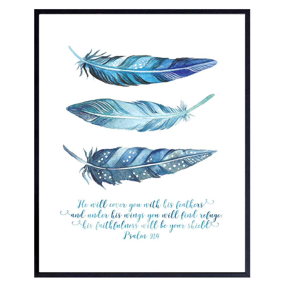 He Will Cover You With His Feathers Wall Art - Psalm 91 - Feather Wall Decor - Bible Verses Wall Art - Scripture Wall Decor - Christian Gifts - Inspirational Wall Art - Religious Wall Art