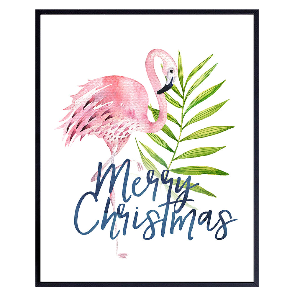 Merry Christmas Tropical Christmas Decorations - Hawaiian Christmas - Cute Xmas Decorations - Holiday Home Decor - Pink Flamingo Decor - Coastal Christmas - Beach Christmas - Christmas Wall Art