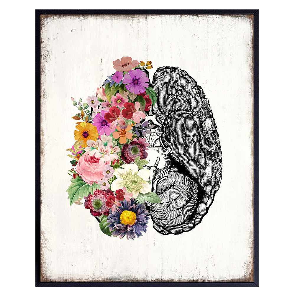 Flower Brain Wall Art &amp; Decor - Vintage Human Anatomy Poster 8x10 - Rustic Boho Shabby Chic Modern Home Decor for Bedroom Bathroom Living Room - Bohemian Gift for Women - UNFRAMED