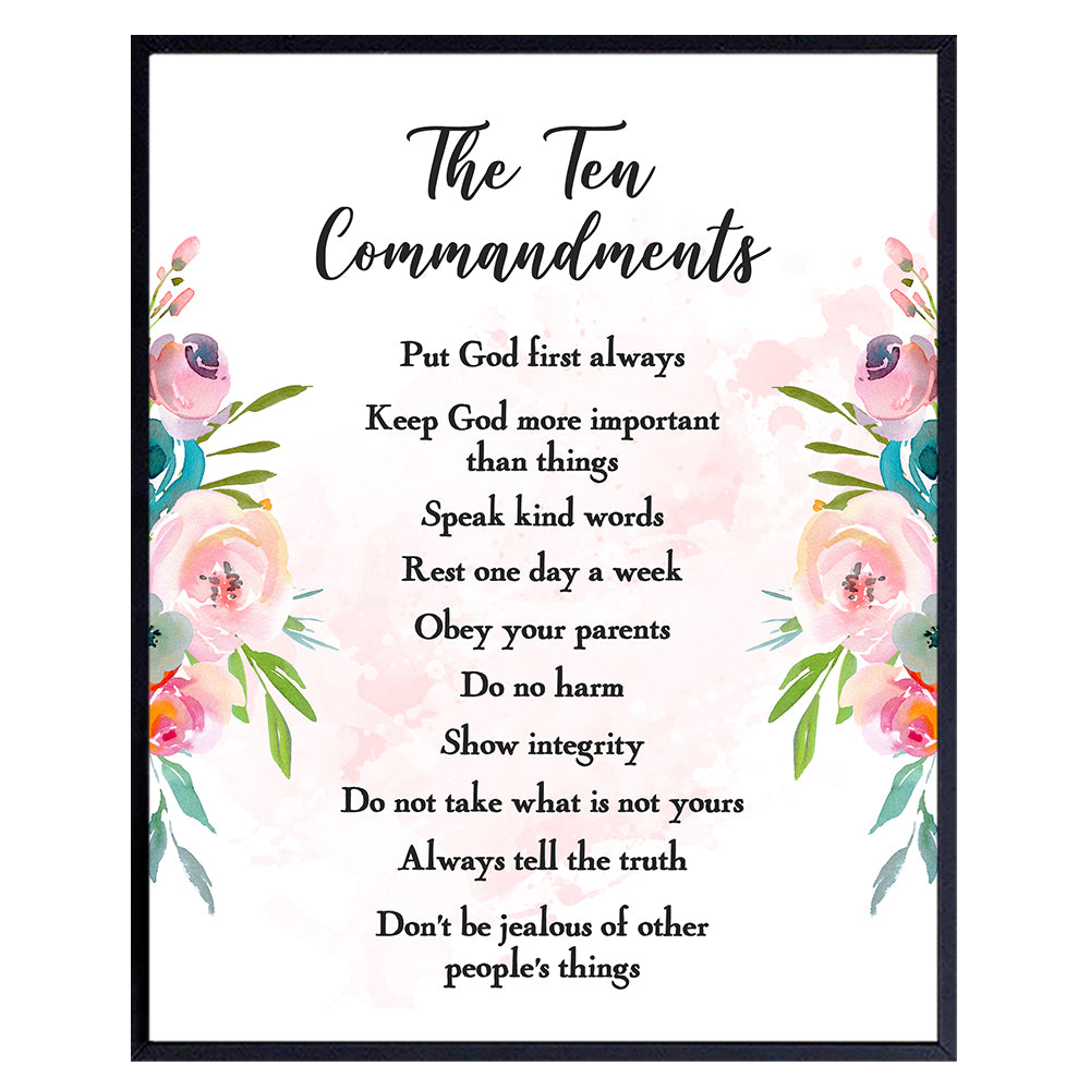 The Ten Commandments - Religious Christian Scripture, Bible Verse Wall Art - Inspirational Quotes Wall Decor - Girls Wall Decor, Kids Bedroom Decor, Kids Wall Art - Gift For Girls Room, Nursery