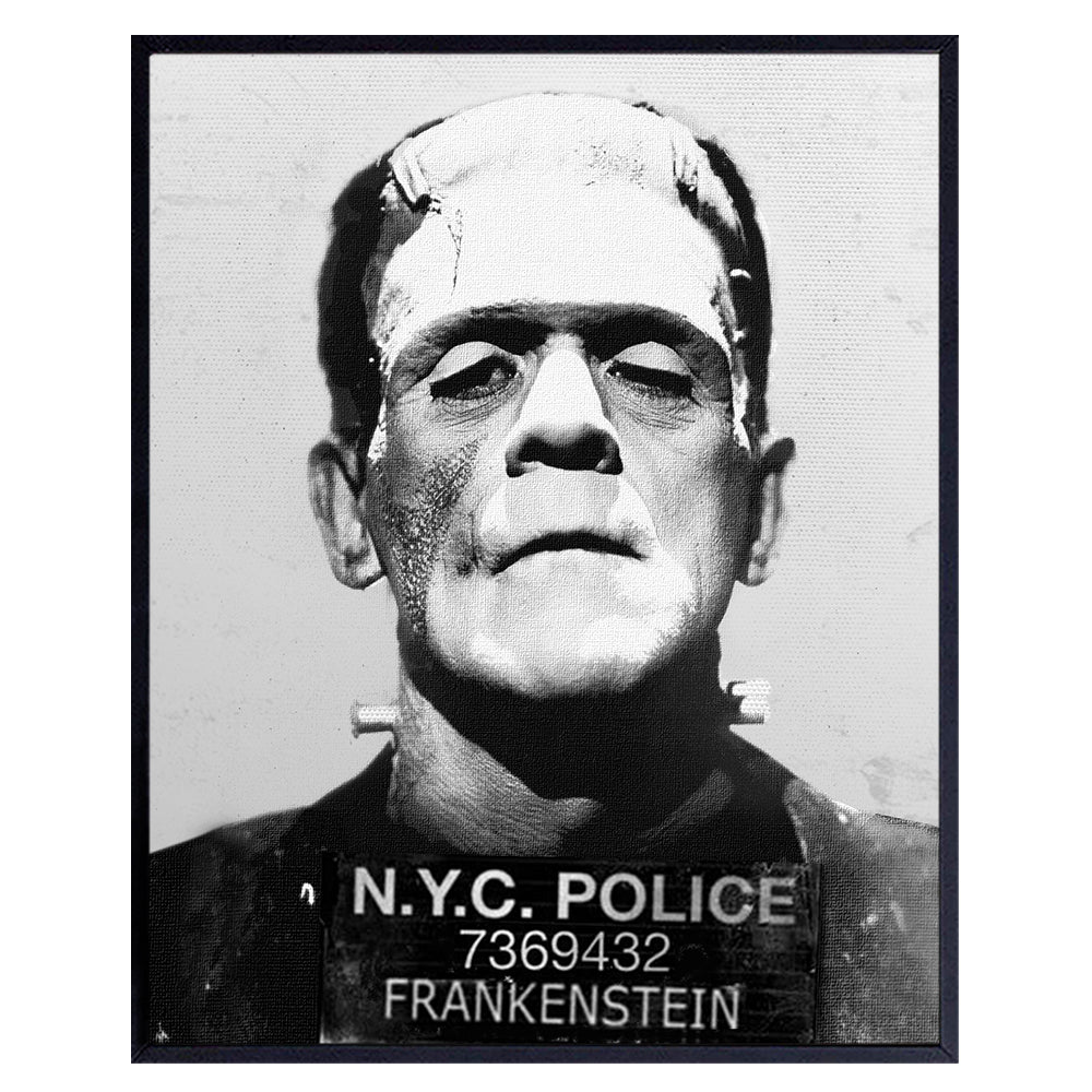 Yellowbird Art &amp; Design Frankenstein Wall Art &amp; Decor- New York Wall Decor - Horror Movies Wall Art - Home Theater Decor - Funny Frankenstein Mug shot Sign Poster - Goth Decor - Vintage Hollywood
