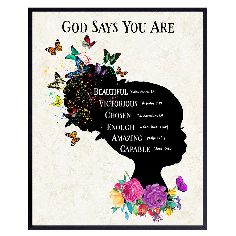 African American Girls Bedroom Wall Art &amp; Decor - Black Art - Religious Christian Holy Scripture Bible Verses - God Says You Are - Spiritual Inspirational Positive Quotes - Uplifting Daughter Gifts