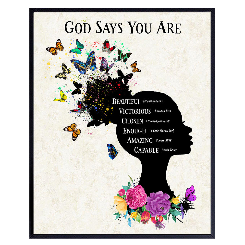 Religious Wall Art &amp; Decor - African American Women, Girls - Christian Scripture Bible Verses - God Says You Are Inspirational Positive Quotes - Uplifting Encouragement Gifts - Afro Black Art