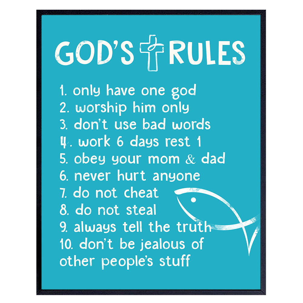The Ten Commandments - Religious Blessed Wall Decor - Christian Scripture Wall Art - Positive Quotes Wall Decor - Blue Kids Bedroom Decor, Kids Wall Art - Gift For Baby Nursery, Boys or Toddler Room