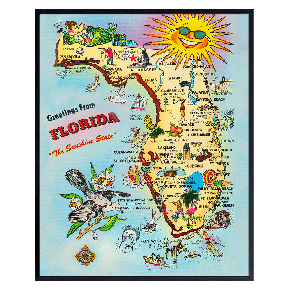 Florida State Travel Poster - Florida Souvenirs - Vintage Florida Wall Decor - 8x10 Florida Posters - Beach House Decor - Florida Gifts - FL Sunshine State - Travel Posters