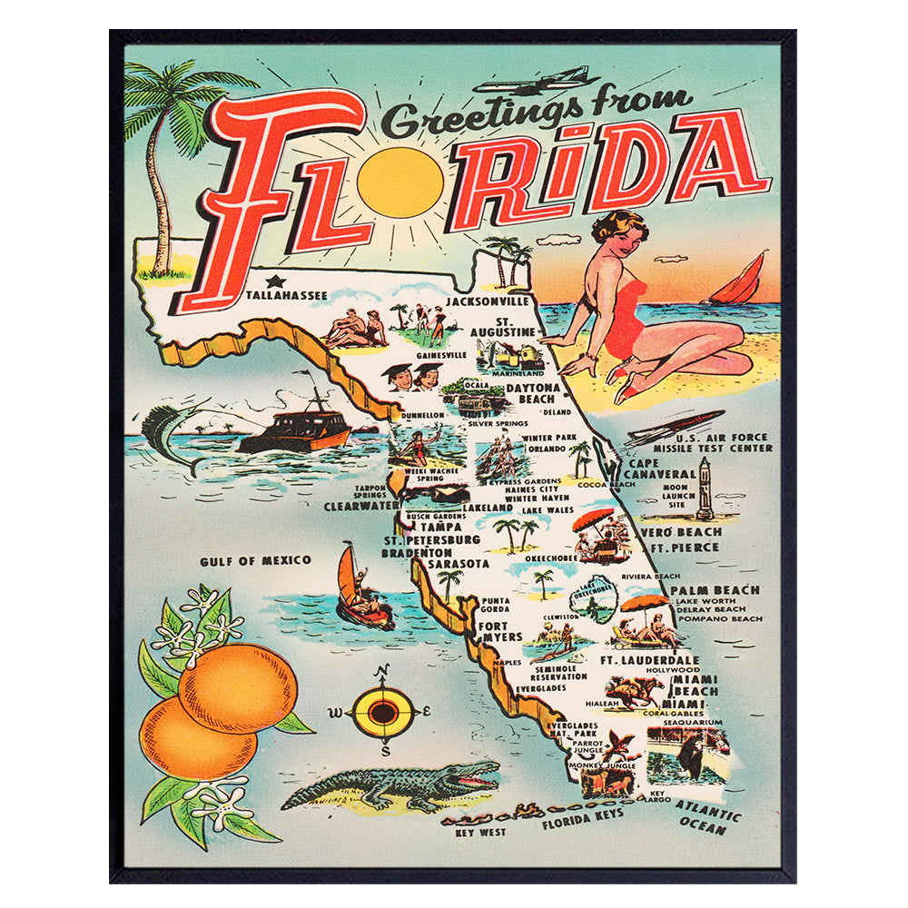 Florida Wall Decor - Florida Tourism Tourist Map - 8x10 Sunshine State Travel Posters Postcard Wall Art Print - Vintage Florida Poster - Florida Gifts - Retro Home Decor for FL Beach House