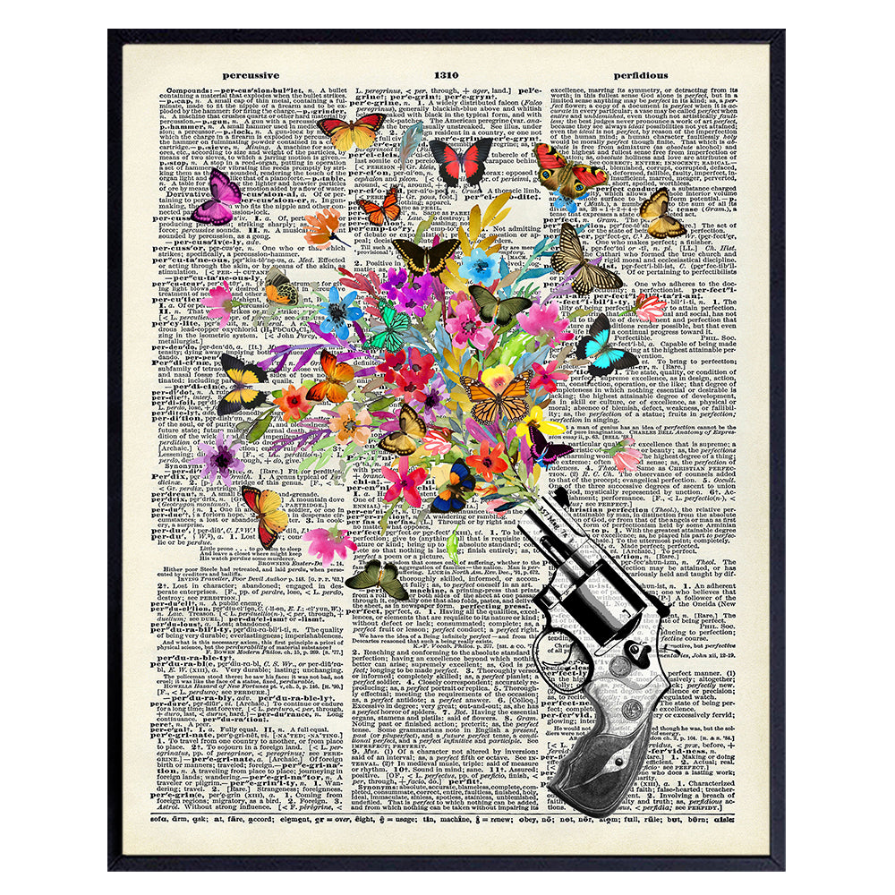 Handgun and Butterflies Dictionary Art Print - 8x10 Shabby Chic Gun Wall Decor, Home Decoration - Cool Gift for NRA, 2nd Amendment, Pistol Fans - Unframed Poster Picture Photo