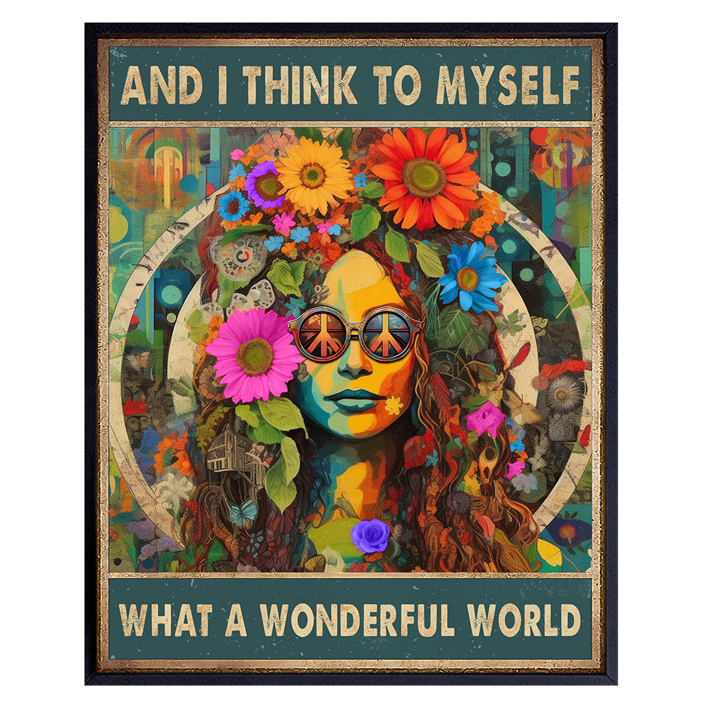 Boho Living room Decor - Positive Quotes Wall Art &amp; Decor - Hippie Room Decor - Psychedelic Wall Art - Wonderful World - Bohemian Wall Art - Boho-chic Poster - Bedroom Decor for Women, Teens Room