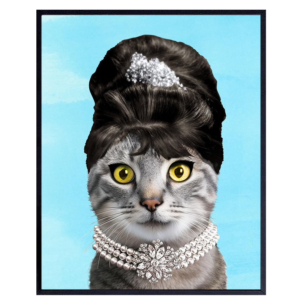Audrey Hepburn Wall Art - Cat Lover Gifts for Women, Girls - Cat Wall Art - Cute Cat Wall Decor - Cat Poster 8x10 - Classic Movies - Kitty Cat Decorations - Cat Home Decor - Blue - Unframed