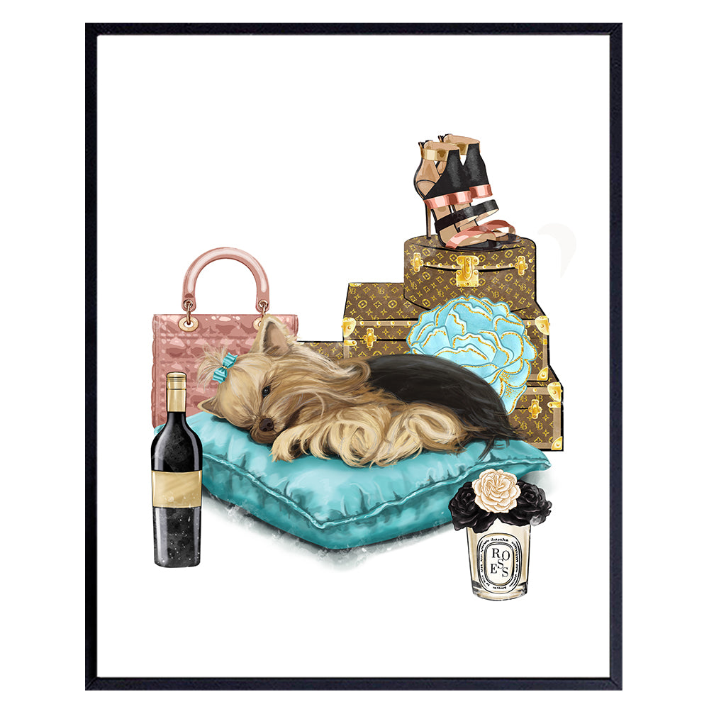 Poster of Glam Luxury Haute couture Wall Art &amp; Decor print - Cute Yorkie Designer Handbag Shoes Luggage decoration - Fashion design Gift for Woman Girl Bedroom Teens Room Living room