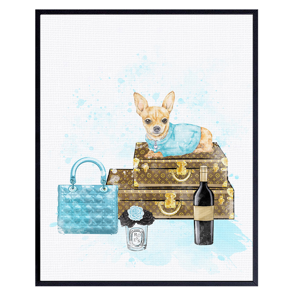 Luxury Glamour Haute couture Wall Art &amp; Decor - High Fashion Design Dog Lover Gift - Blue Designer Handbag Wall Art decoration Home Decor - Woman Bedroom Bathroom Teen Girl Room - Bling Chihuahua