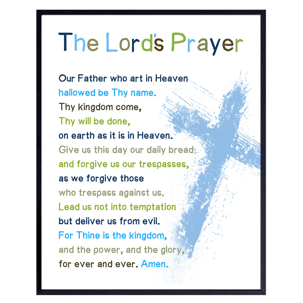 Lords Prayer Bible Verse Wall Art - Religious Scripture Boys Room Decor - Christian Gifts for Toddler or Baby Boys Bedroom, Son - Blessed Church Sunday School Kids Decorations - Cross Picture Poster