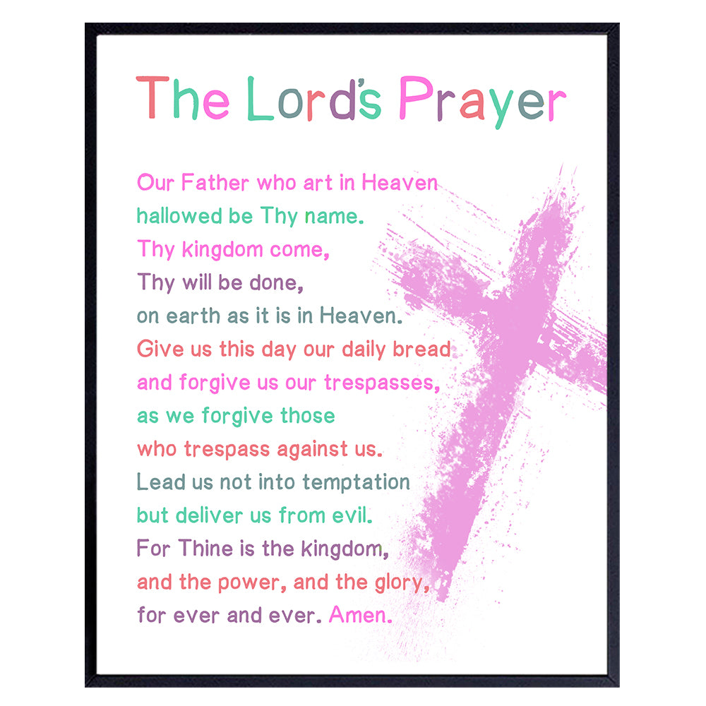 Lords Prayer Bible Verse Wall Art - Religious Scripture Girls Bedroom Decor - Christian Daughter Gifts for Toddler, Baby Girls Room - Blessed Church Sunday School Kids Decorations - Pink Cross Poster