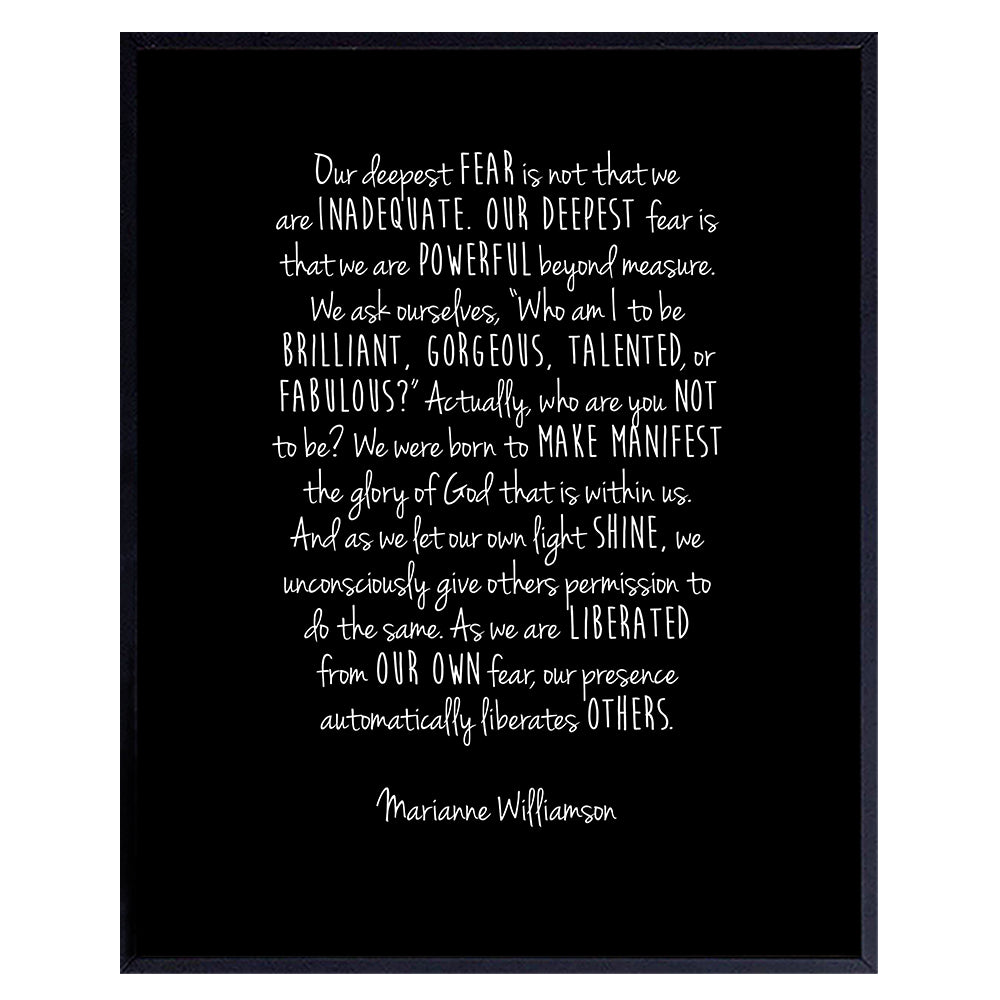 Marianne Williamson Deepest Fear Quote Wall Art Print - Perfect Home Decor for Office, Bedroom, Bathroom, Dorm - Inspirational, Motivational, Spiritual Gift for Women - Unframed 8X10 Photo