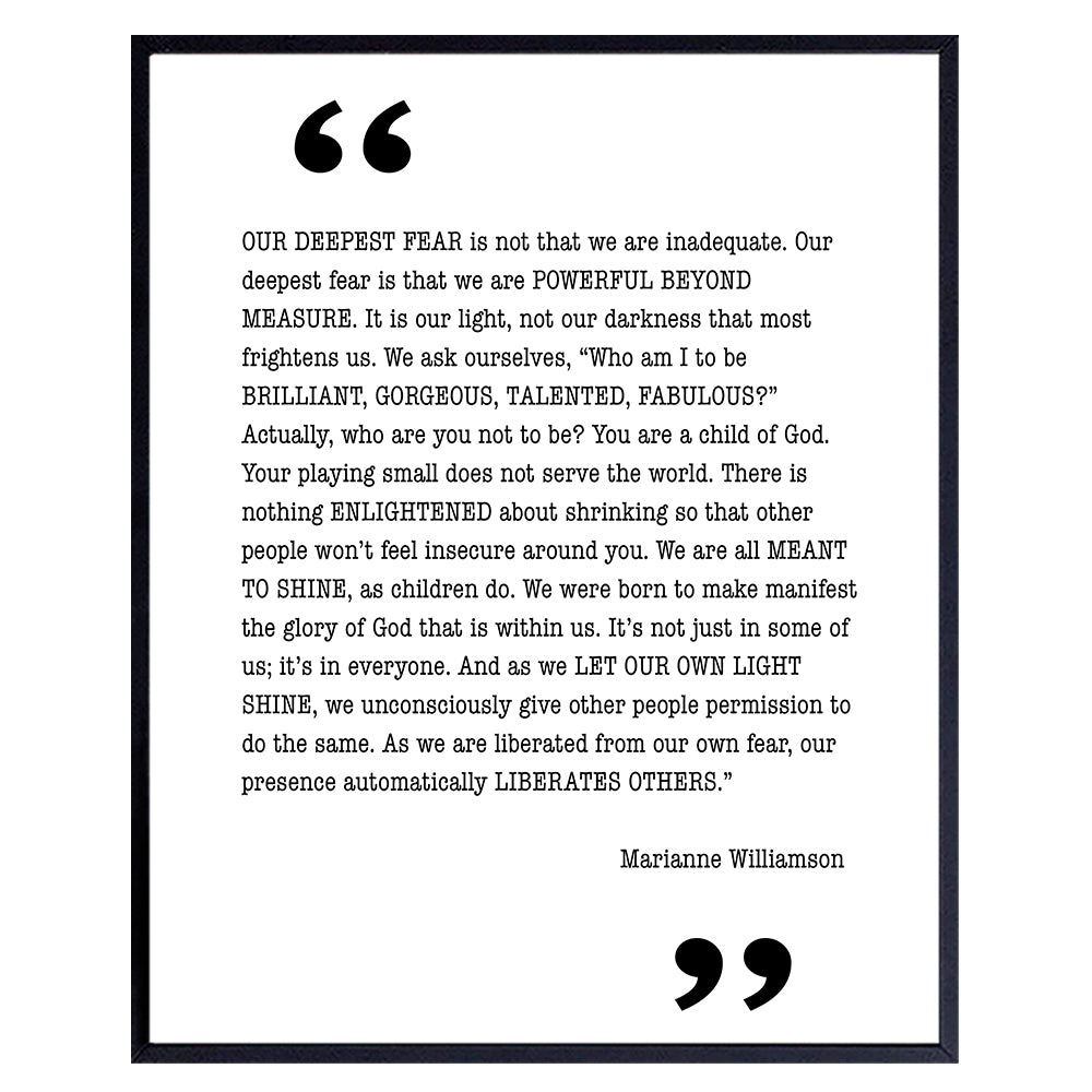 Marianne Williamson Deepest Fear Quote Wall Art Print - Perfect Home Decor for Office, Bedroom, Bathroom - Spiritual Gift for Women - Inspirational and Motivational, Unframed 8X10 Photo