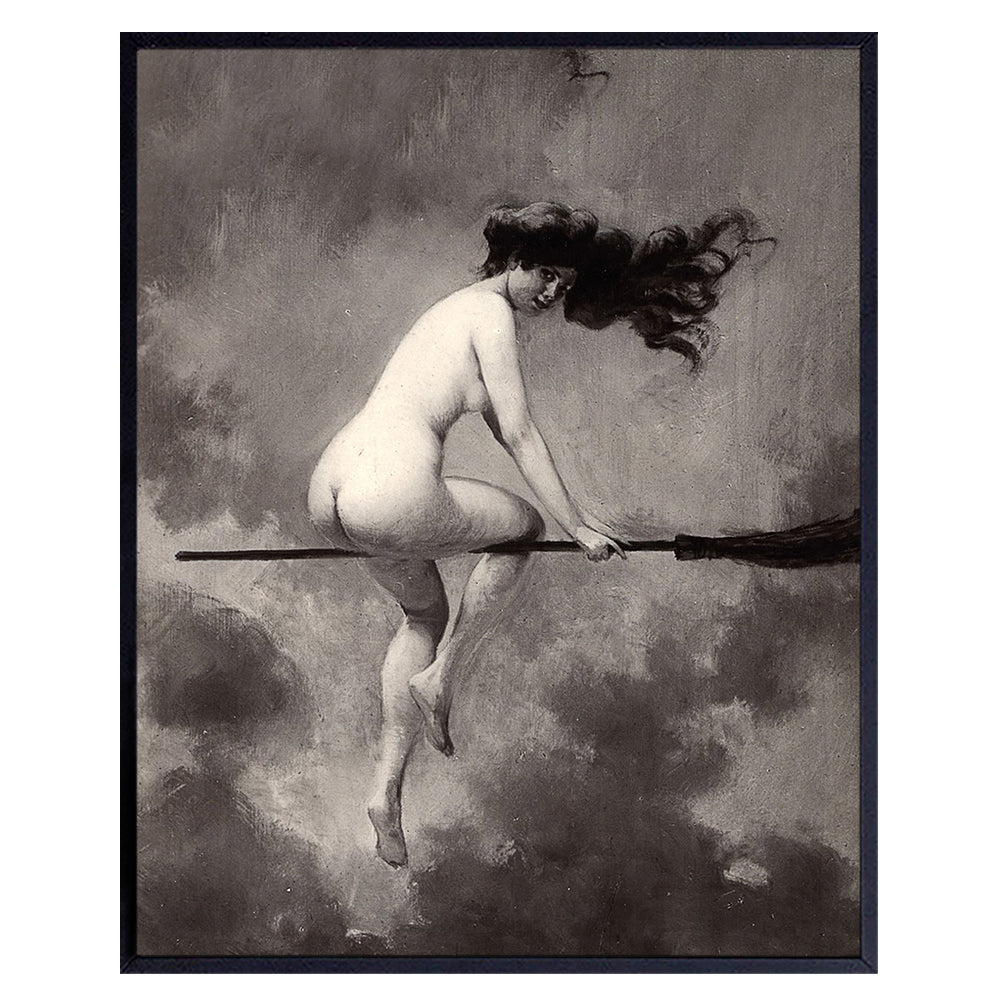 Witchy Pagan Wall Art &amp; Decor - LARGE 11X14 - Vintage Creepy Spooky Gothic Halloween Gift for Witchcraft, Wicca, Wiccan, Occult Fan - Witch on Broomstick - Goth Poster Picture Print - Unframed