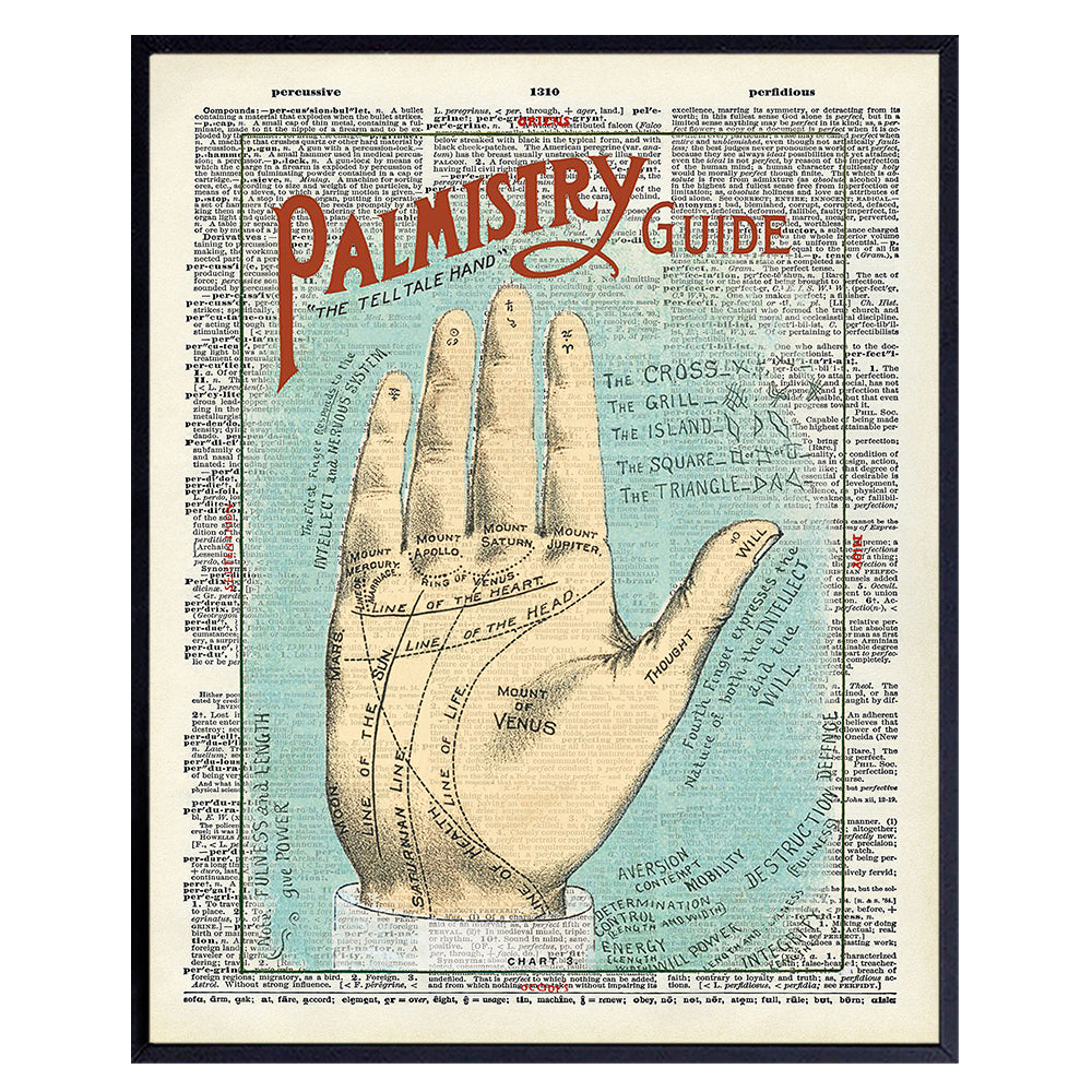 Vintage Palmistry Upcycled Dictionary Wall Art Decor - Retro 8x10 Home Decoration Picture for Living Room, Bedroom, Apartment - Gift for Psychic, Fortune Teller, Palm Reader, Clairvoyant, Occult Fan