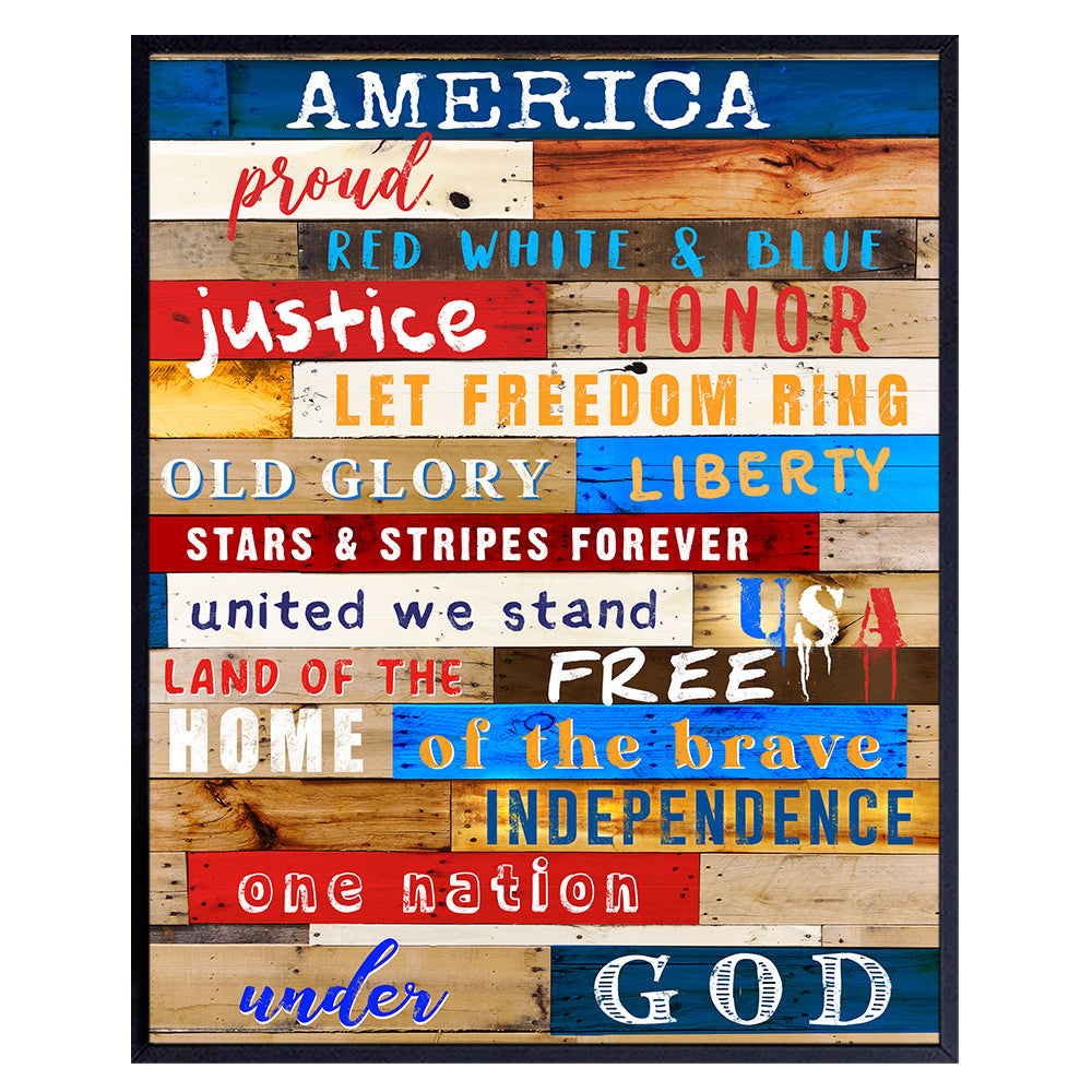 America Patriotic Wall Art Print - Vintage Farmhouse Room Decor, Home Decoration - Gift for American US Military Veterans and 4th of July- Rustic Red White and Blue Sign Plaque Replica Poster Unframed
