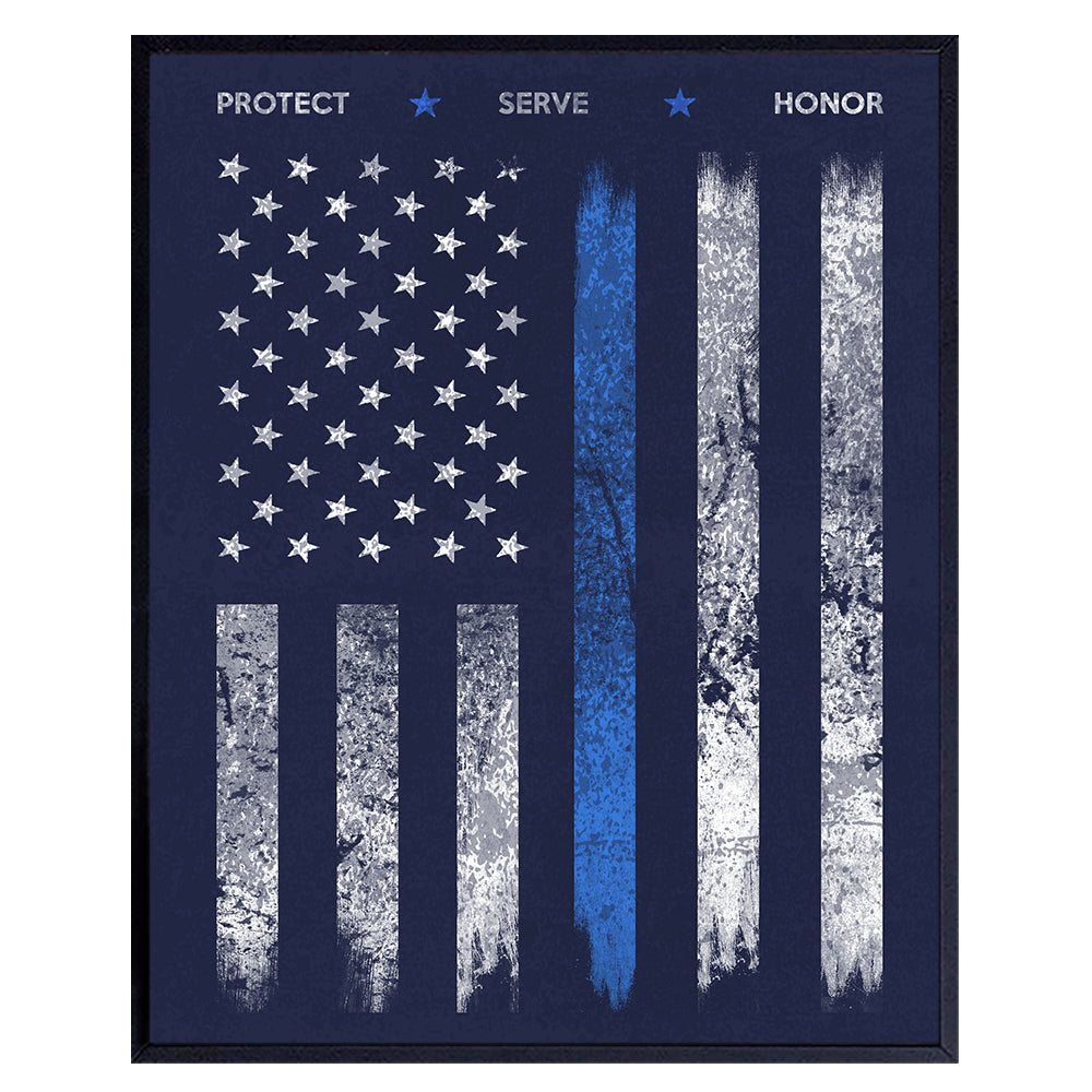 Police Flag Art Print - Rustic Wall Art Poster - Chic Home Decor for Office, Man Cave, Station, Gift for Police Officer, First Responder - 8x10 Photo Unframed