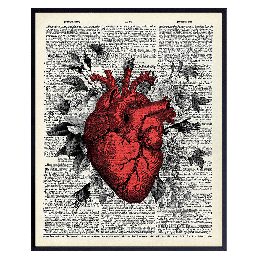 Retro Floral Heart Dictionary Art Print - Vintage Upcycled Wall Art Poster and Home Decor for Bedroom, Bathroom, Living Room, Nurses, Doctors Office - Great Gift for Goth, Steampunk Fans - 8x10 Photo