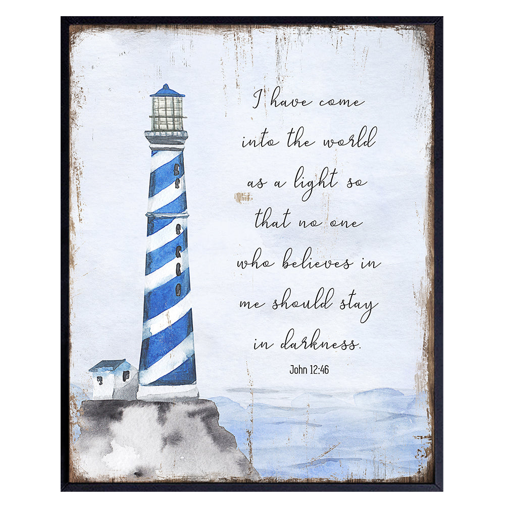 Religious Scripture Wall Decor - Nautical Beach House, Ocean Home Decoration - Bible Verse Wall Art - Gift for Christians-8x10 Poster for Bathroom, Living Room, Bedroom - Blue Boho Lighthouse