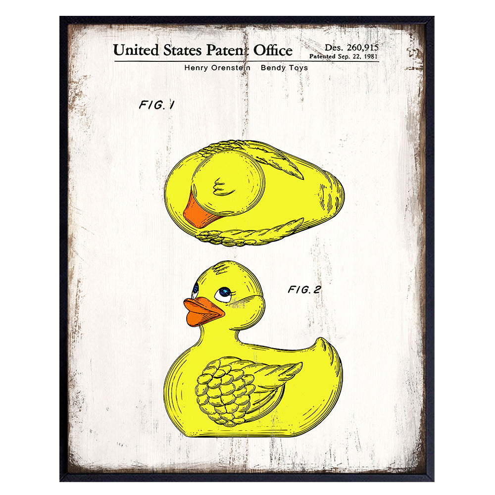 Rubber Ducky Patent Print - 8x10 Vintage Bathroom Wall Art Photo -Retro Farmhouse Cottage Home Decor for Boys, Girls, Kids, Baby Room, Nursery, Bath - Rustic Shabby Chic Gift for Mom - Unframed Poster
