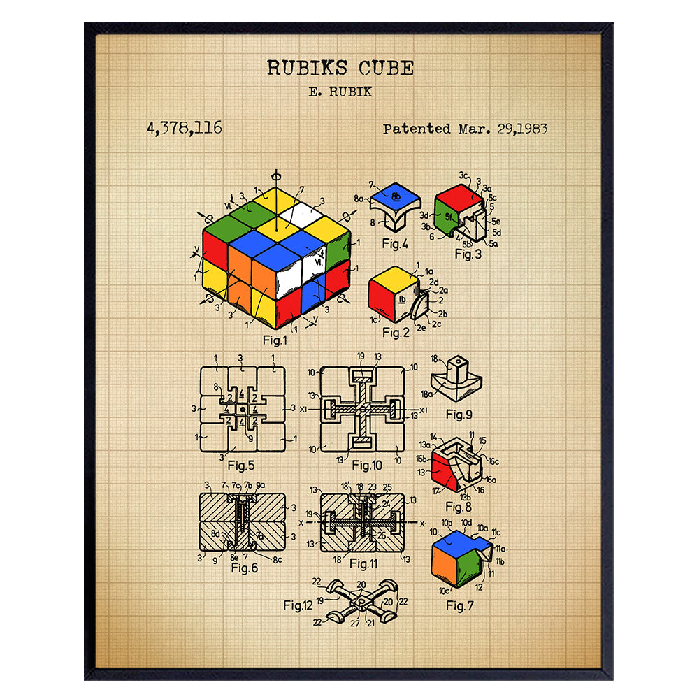 Original Rubiks Cube Puzzle Patent Art Print - Vintage Wall Art Poster - Home Decor for Kid, Teens Room, Family or Game Room, Living Room, Den, Office - Gift for Nerds, Gamers, 8x10 Unframed