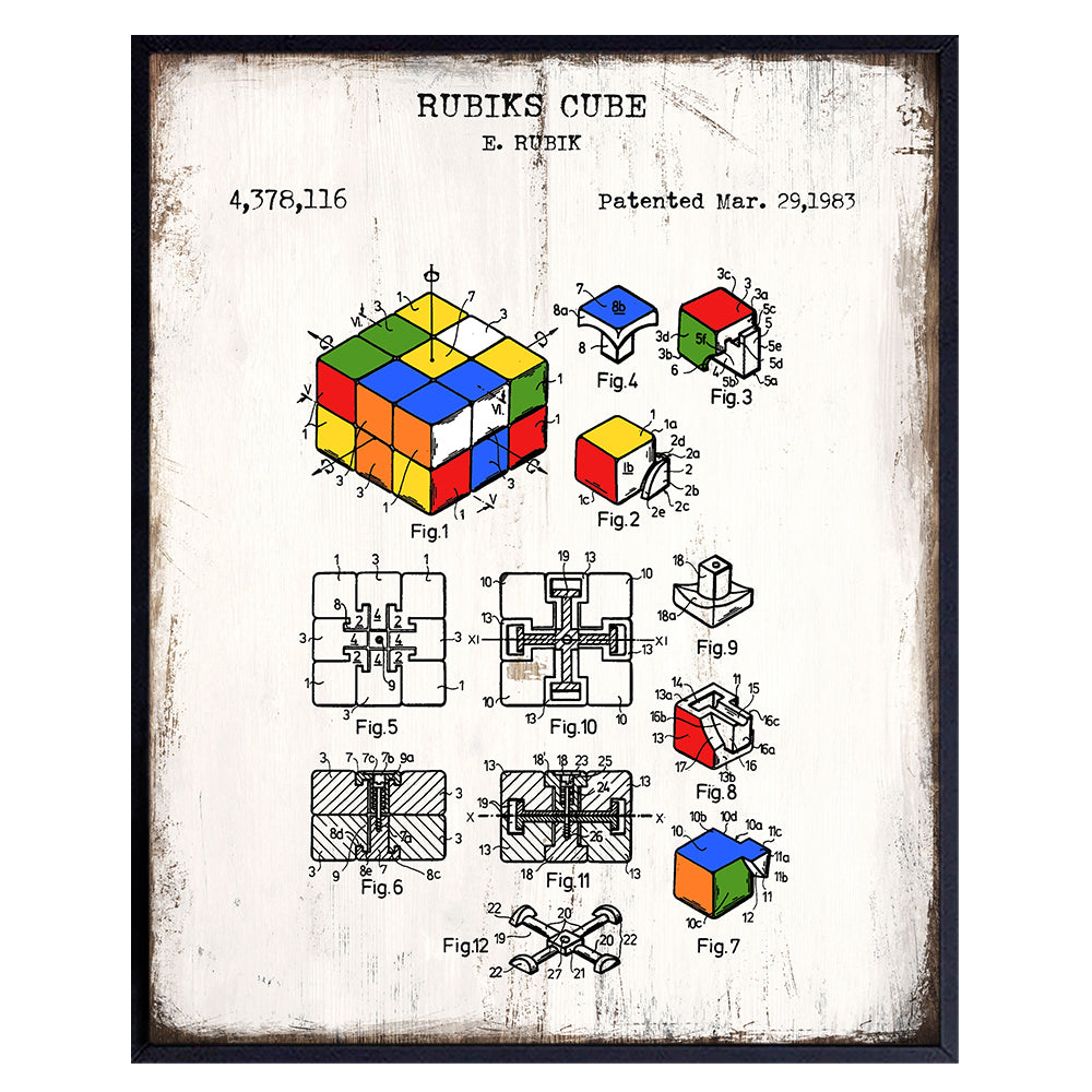 Rubiks Cube Patent Art - 8x10 Sign - Photo, Wall Poster Picture - Rustic Shabby Chic Home Decor for Kids, Family, Game or Living Room Decoration, Den - Gift for Nerds, Gamers, Puzzle, Toy Fan