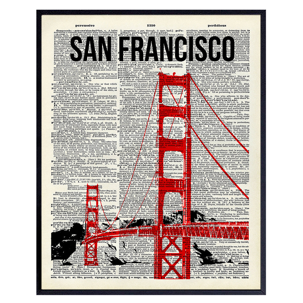 San Francisco Golden Gate Bridge Dictionary Wall Art - 8x10 Upcycled Photo, Home Decor, Room Decoration Poster Print - Cool Unique Gift for California, CA Fans - Unframed Picture