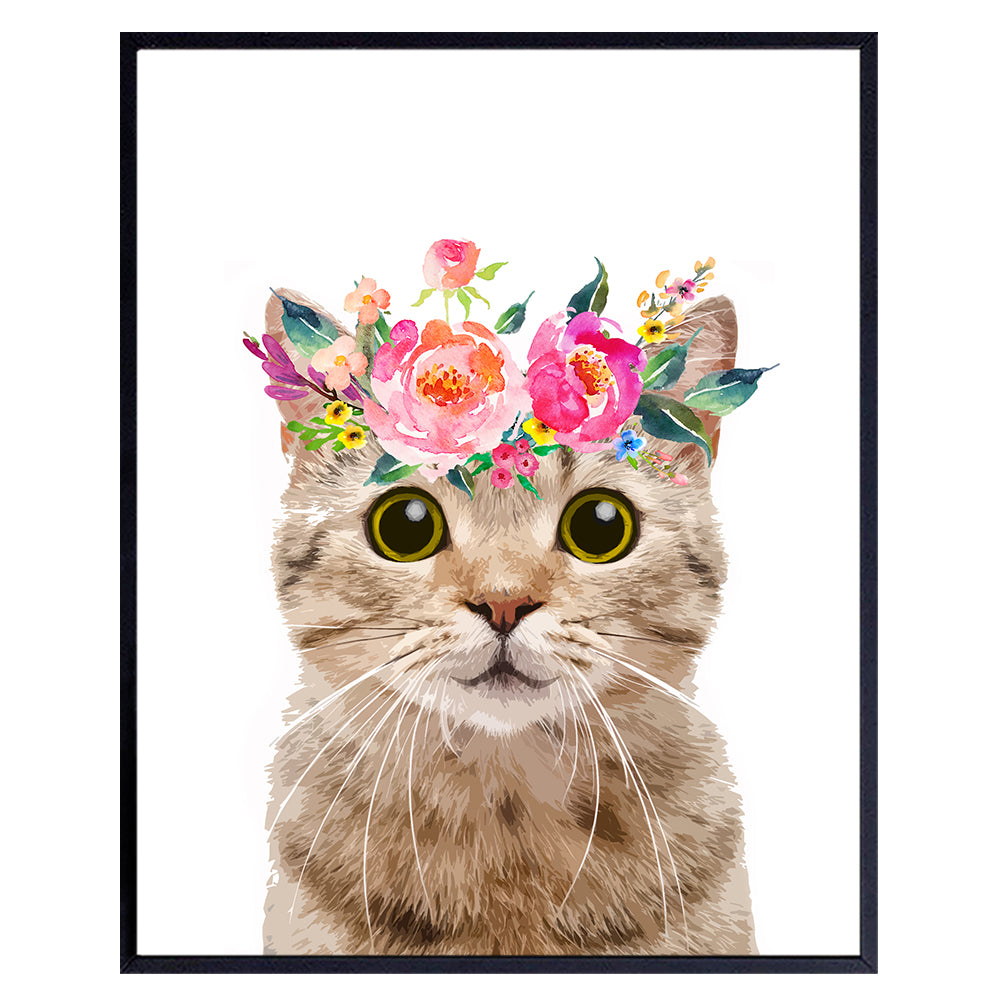 Tabby Cat Wall Decor - Cute Floral Wall Art, Room Decoration for Girls Bedroom, Kids Room, Living Room, Nursery - Gift for Kitty, Pussycat, Kitten, Cat Lovers, Women - Adorable Pink Girly Print