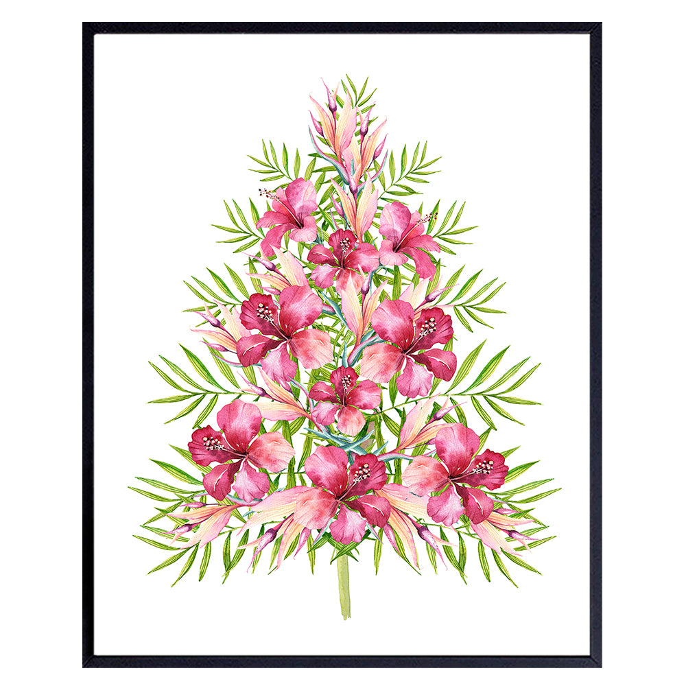 Christmas tree Wall Art - Tropical Hawaiian Christmas Decorations - Holiday Home Decor - Xmas Wall Art &amp; Decor - Cute Christmas Decor - Xmas Wall Decor - Hibiscus Christmas tree Poster 8x10 UNFRAMED