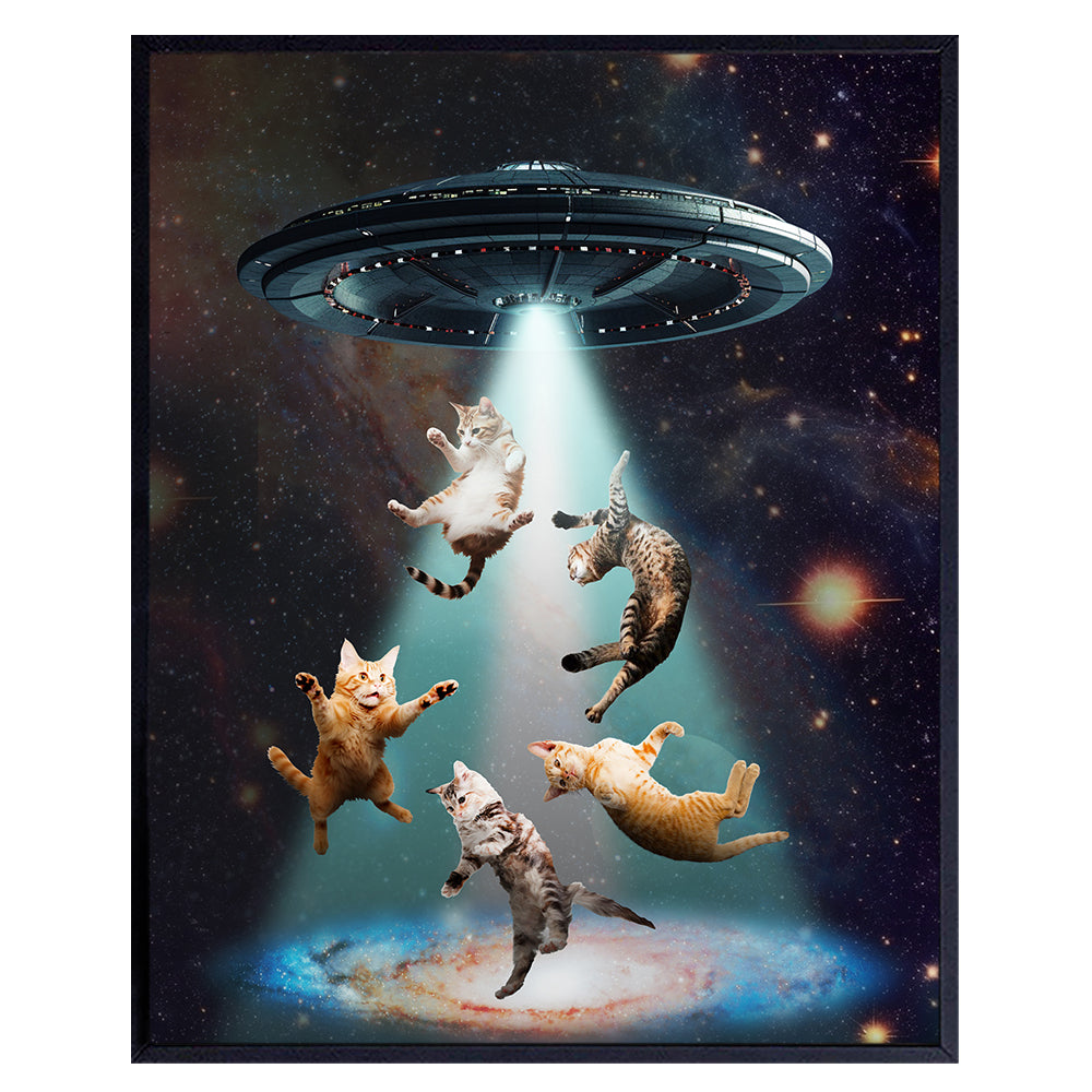 UFO funny Cat Wall Art &amp; Decor - Cat Gifts for Men - Cat Wall Decor - Cat Themed Cat Dad Cat Stuff - Cute Cat Decorations - Cat Lover Cat Decor for Cat Mom - Cat Poster - Cat Pictures - Cat Sign