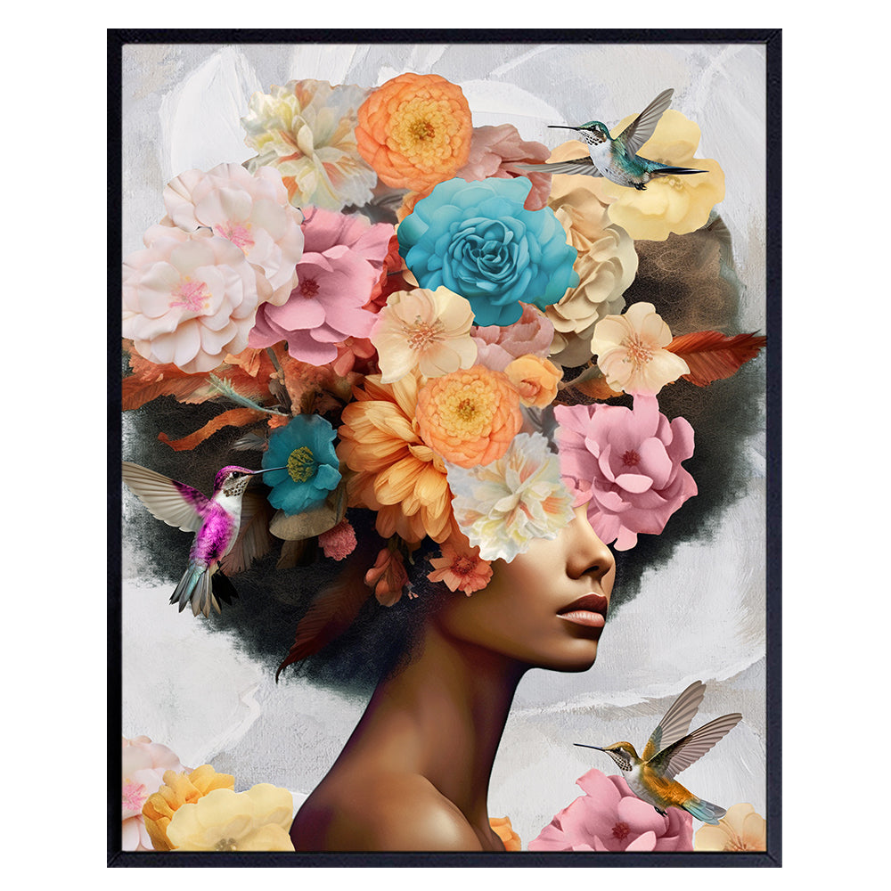 Black women Floral Wall Art - Boho Wall Decor for African Americans, Black Girl - Black Wall Art for Women - Boho-chic Flower Decorations - Women&