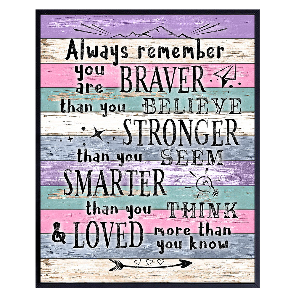 Inspiration Inspirational Wall Art - Always Remember You Are Braver - Positive Quotes Wall Decor - Encouragement Gift for Women - Motivational poster - Kids Room Bedroom - A.A. Milne Quotation Saying